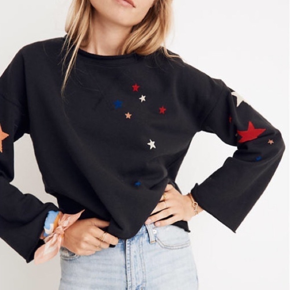 Madewell Mile(s) Black Star Print Bell Sleeve Starry Night Sweatshirt J8533 EUC